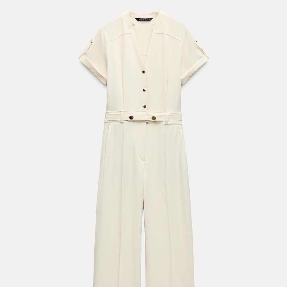 Zara Cream Crepe Jumpsuit with Wide-Leg & Gold Buttons